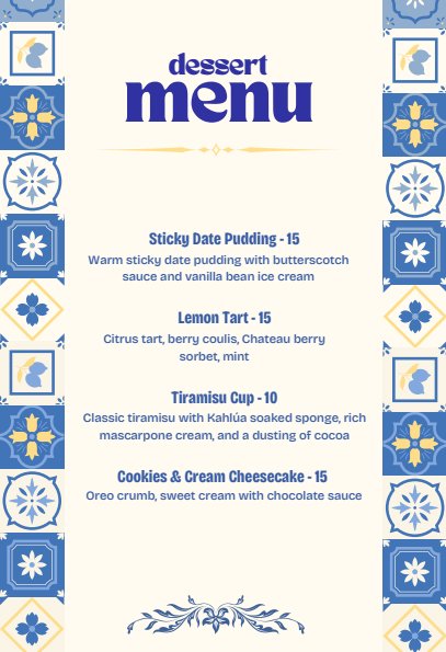 Dessert menu